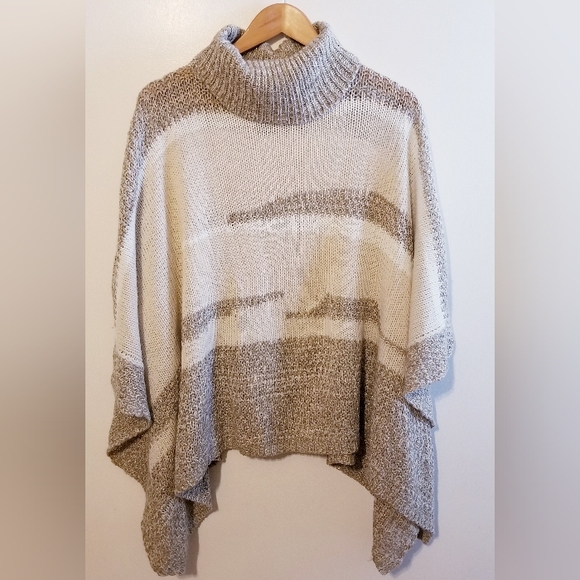 Midnight Velvet Beige White Turtleneck Waffle Knit Shawl Poncho Wrap One Size - Picture 3 of 8